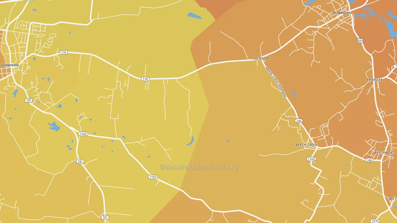 Map of the best neighborhoods in the Ebenezer area, with better matches in green and worse matches in red