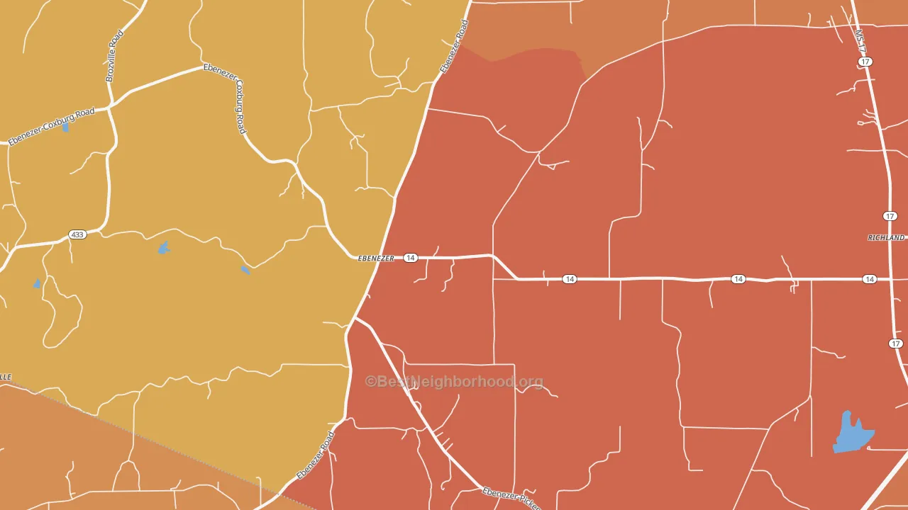 Map of the best neighborhoods in the Ebenezer area, with better matches in green and worse matches in red