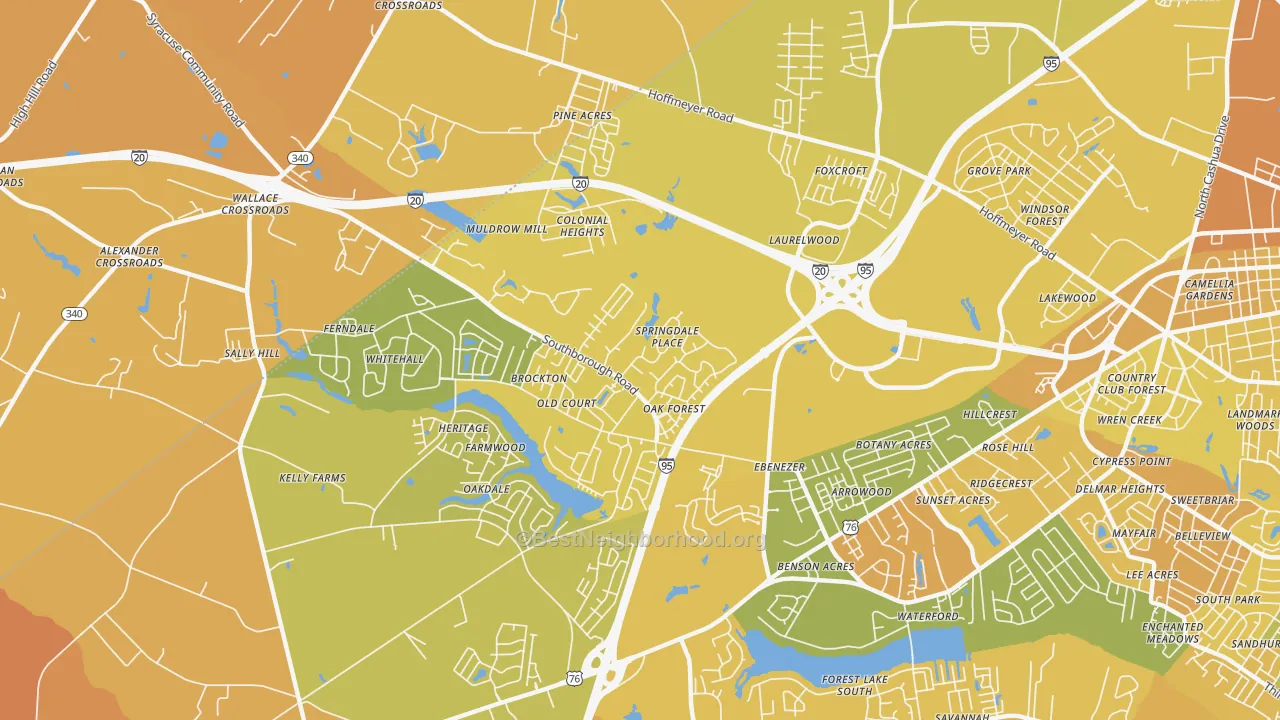 Map of the best neighborhoods in the Ebenezer area, with better matches in green and worse matches in red