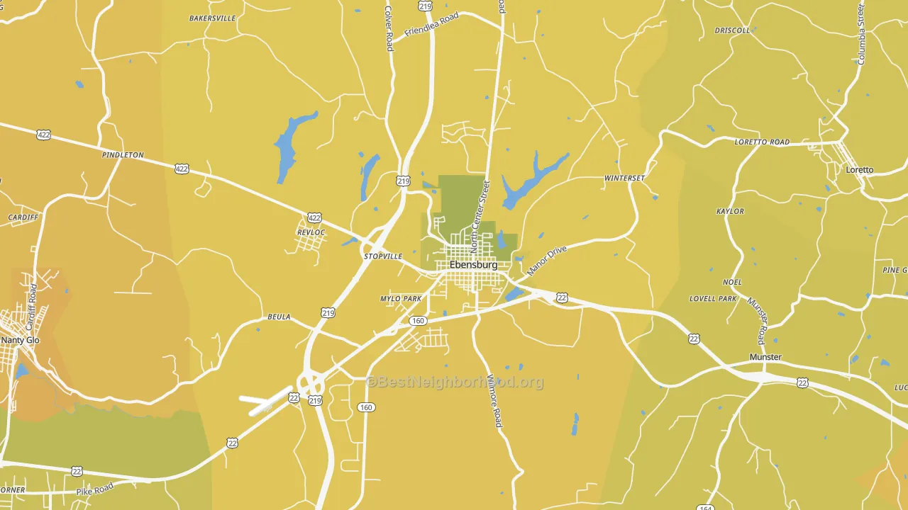 Map of the best neighborhoods in the Ebensburg area, with better matches in green and worse matches in red