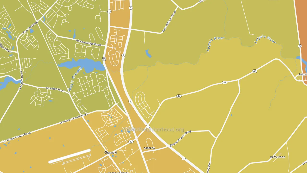Map of the best neighborhoods in the Eberton area, with better matches in green and worse matches in red