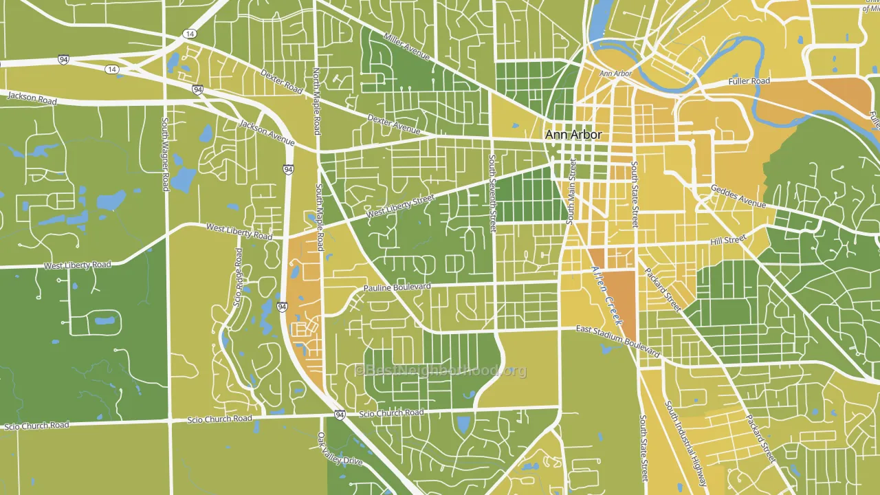 Map of the best neighborhoods in the Eberwhite, Ann Arbor area, with better matches in green and worse matches in red