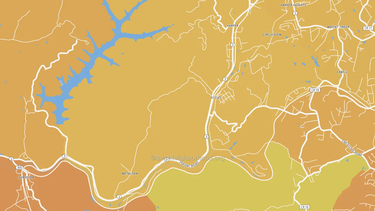 Map of the best neighborhoods in the Eccles area, with better matches in green and worse matches in red