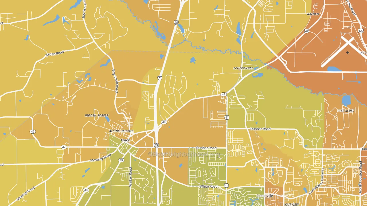 Map of the best neighborhoods in the Echeconnee area, with better matches in green and worse matches in red
