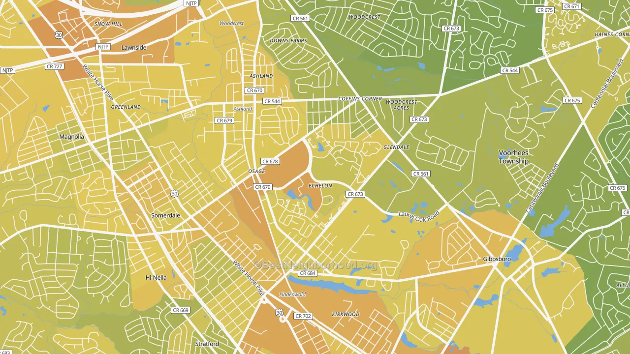 Map of the best neighborhoods in the Echelon area, with better matches in green and worse matches in red