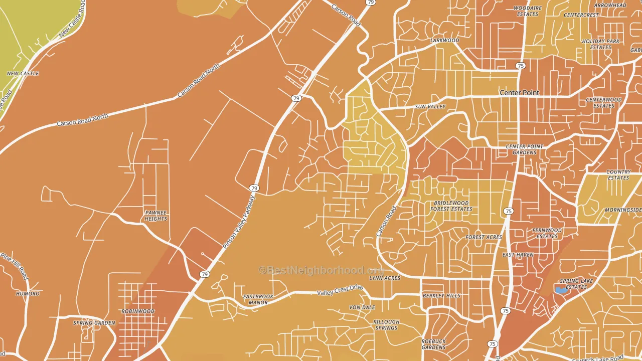 Map of the best neighborhoods in the Echo Highlands, Birmingham area, with better matches in green and worse matches in red