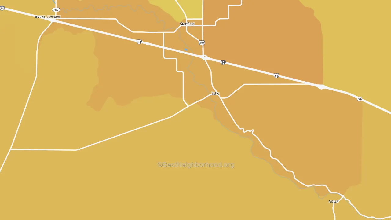 Map of the best neighborhoods in the Echo area, with better matches in green and worse matches in red