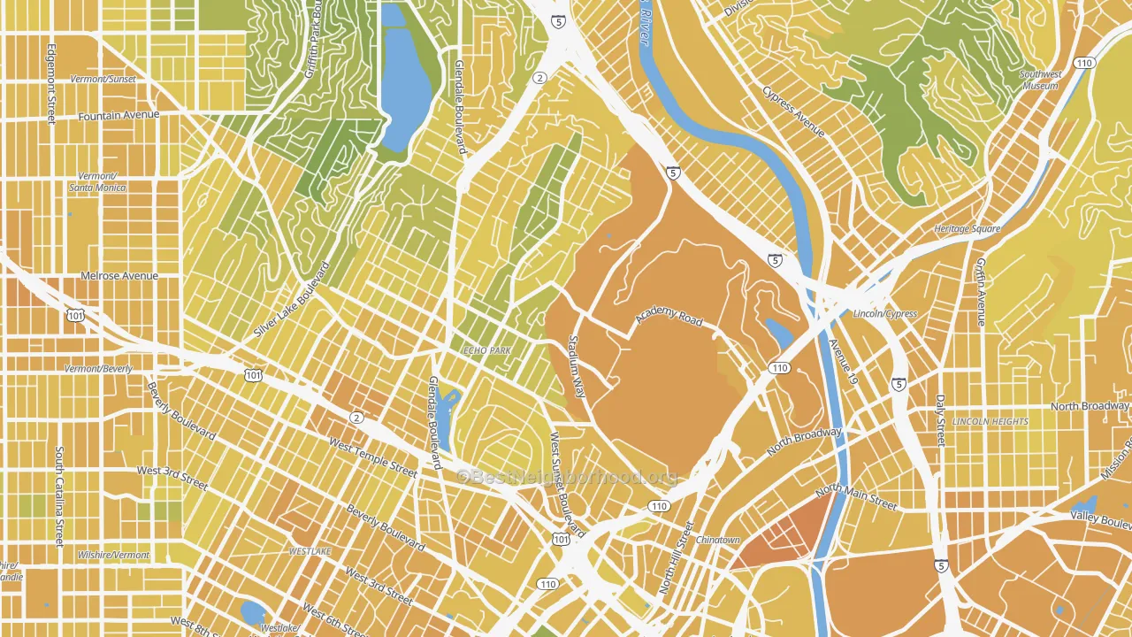Map of the best neighborhoods in the Echo Park, Los Angeles area, with better matches in green and worse matches in red