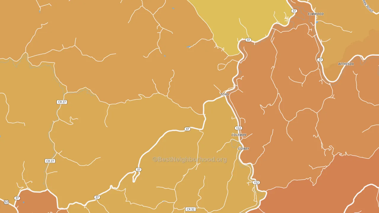 Map of the best neighborhoods in the Echo area, with better matches in green and worse matches in red