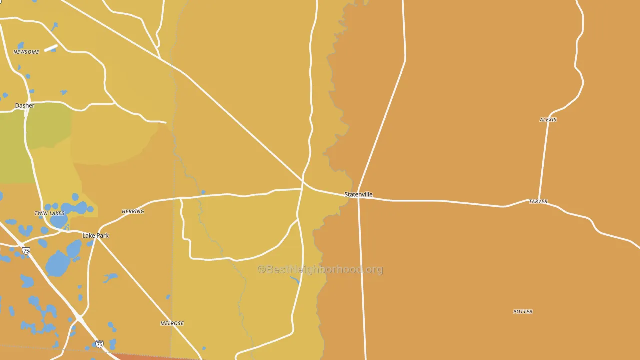 Map of the best neighborhoods in the Echols County area, with better matches in green and worse matches in red