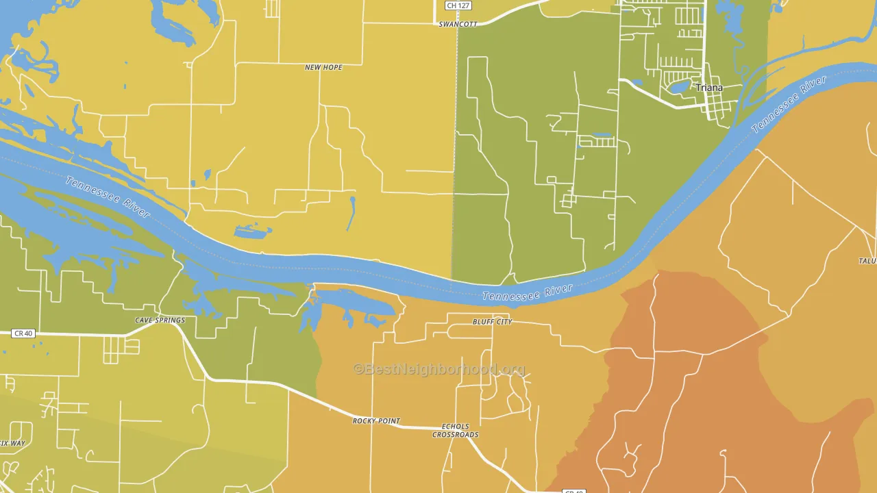Map of the best neighborhoods in the Echols Crossroads area, with better matches in green and worse matches in red