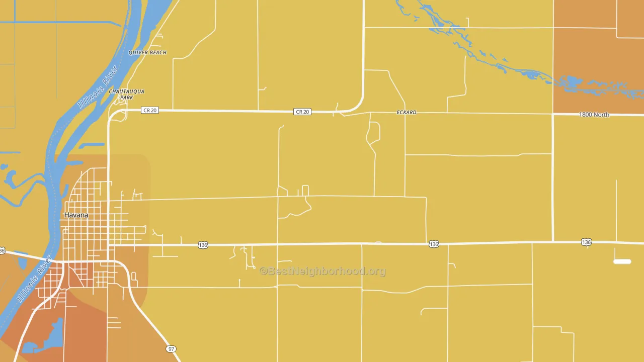 Map of the best neighborhoods in the Eckard area, with better matches in green and worse matches in red