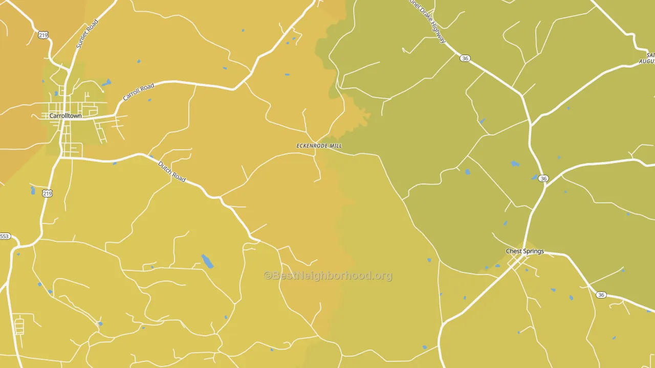Map of the best neighborhoods in the Eckenrode Mill area, with better matches in green and worse matches in red