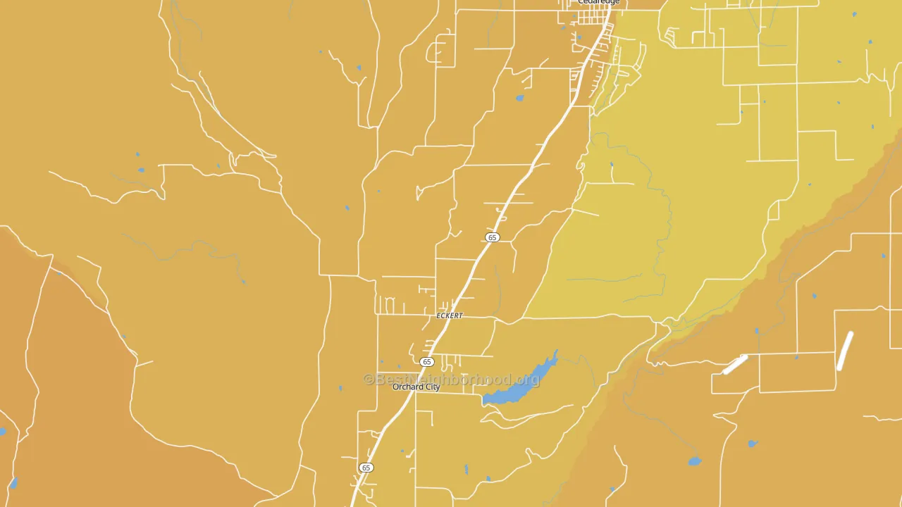 Map of the best neighborhoods in the Eckert area, with better matches in green and worse matches in red