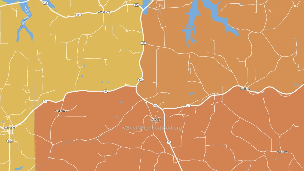 Map of the best neighborhoods in the Eckerty area, with better matches in green and worse matches in red