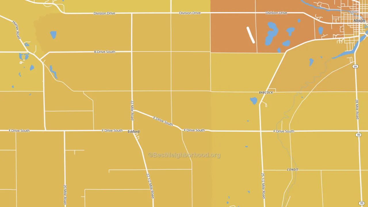 Map of the best neighborhoods in the Eckford area, with better matches in green and worse matches in red