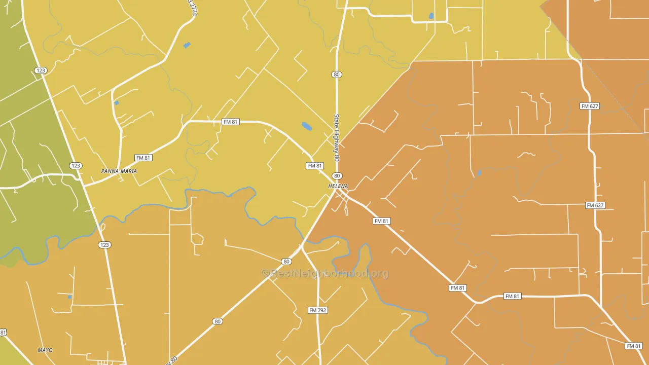 Map of the best neighborhoods in the Ecleto area, with better matches in green and worse matches in red