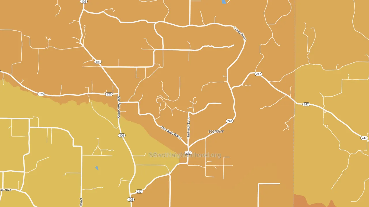 Map of the best neighborhoods in the Economy area, with better matches in green and worse matches in red