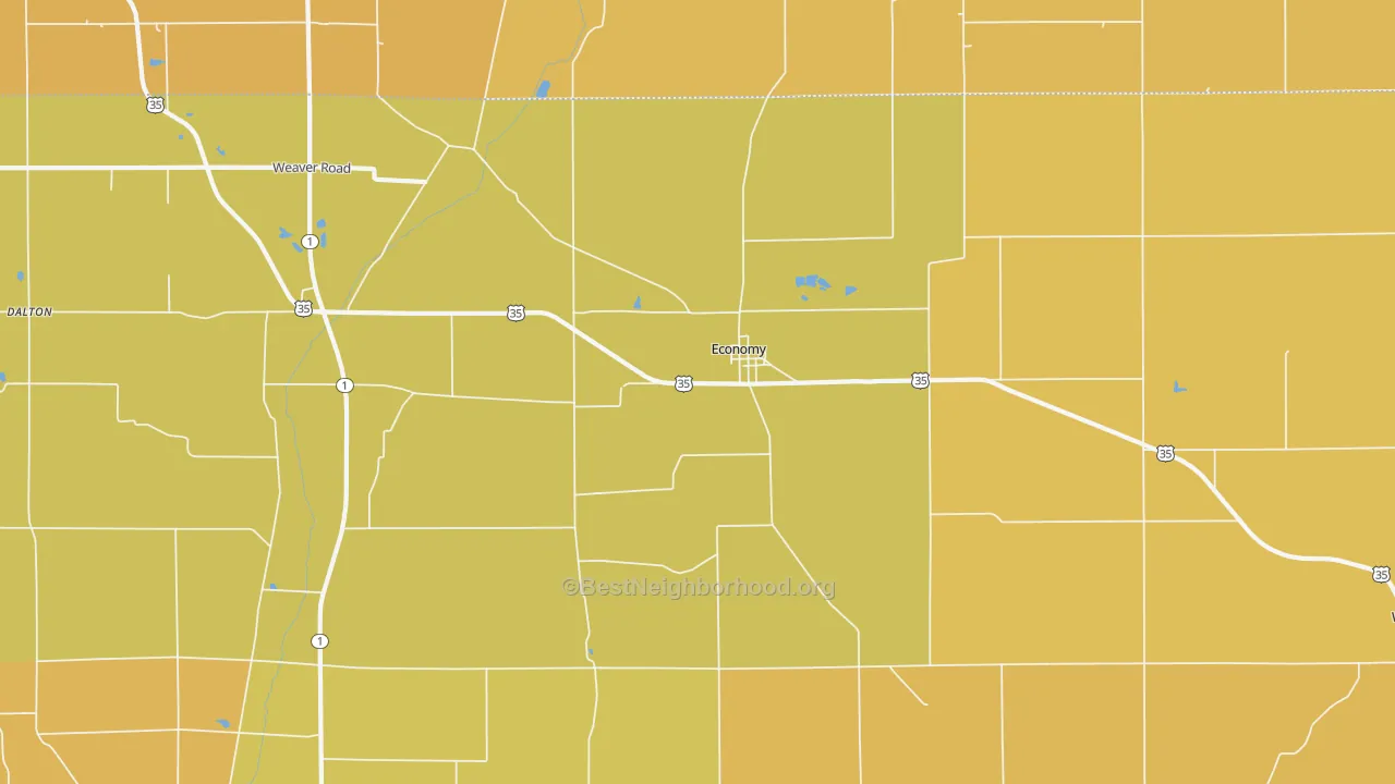 Map of the best neighborhoods in the Economy area, with better matches in green and worse matches in red