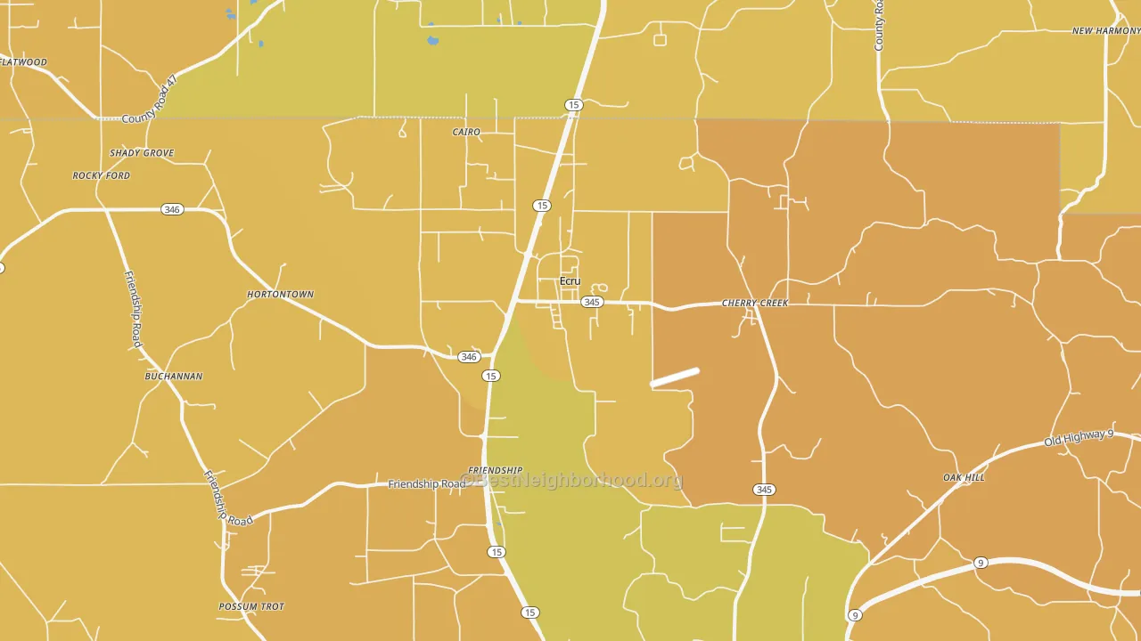 Map of the best neighborhoods in the Ecru area, with better matches in green and worse matches in red
