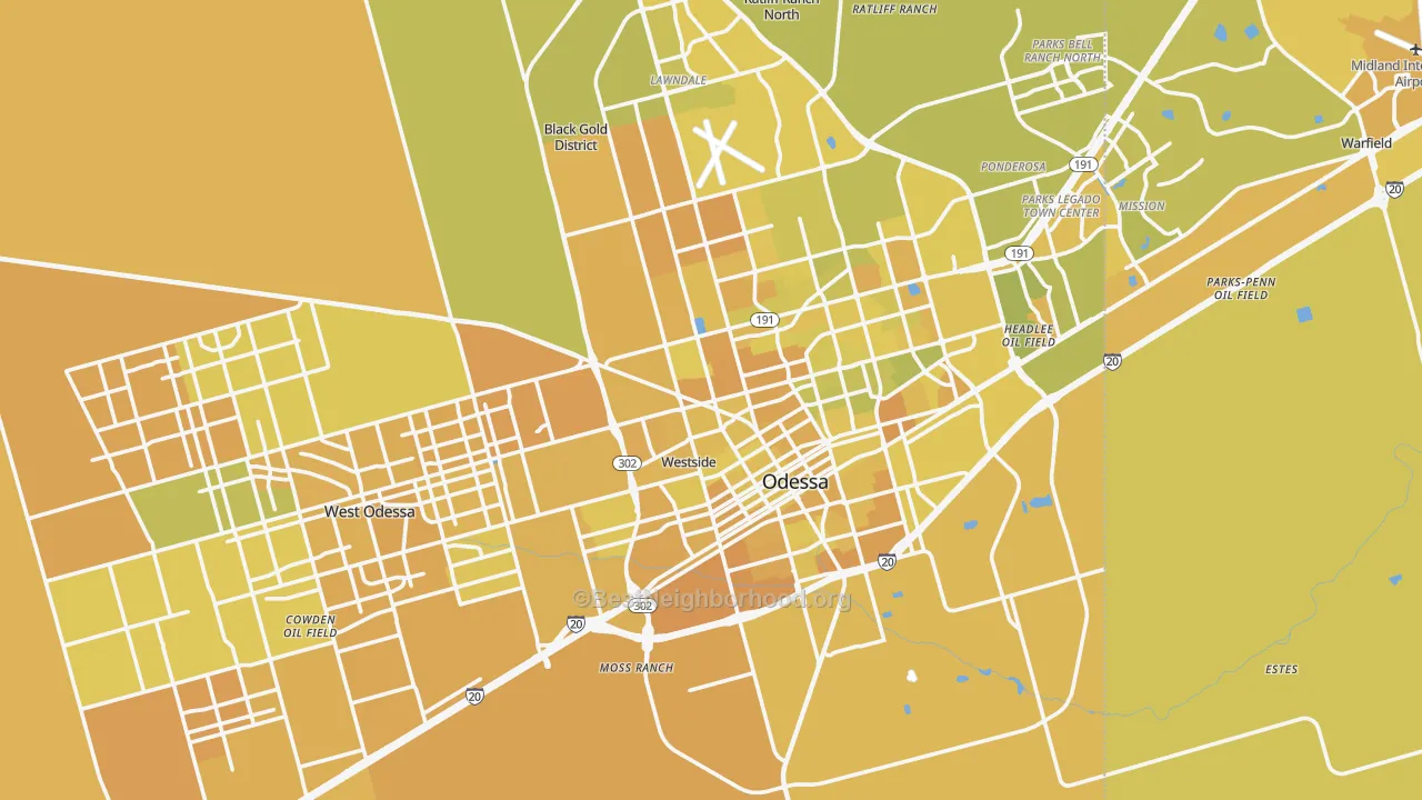 Map of the best neighborhoods in the Ector County area, with better matches in green and worse matches in red