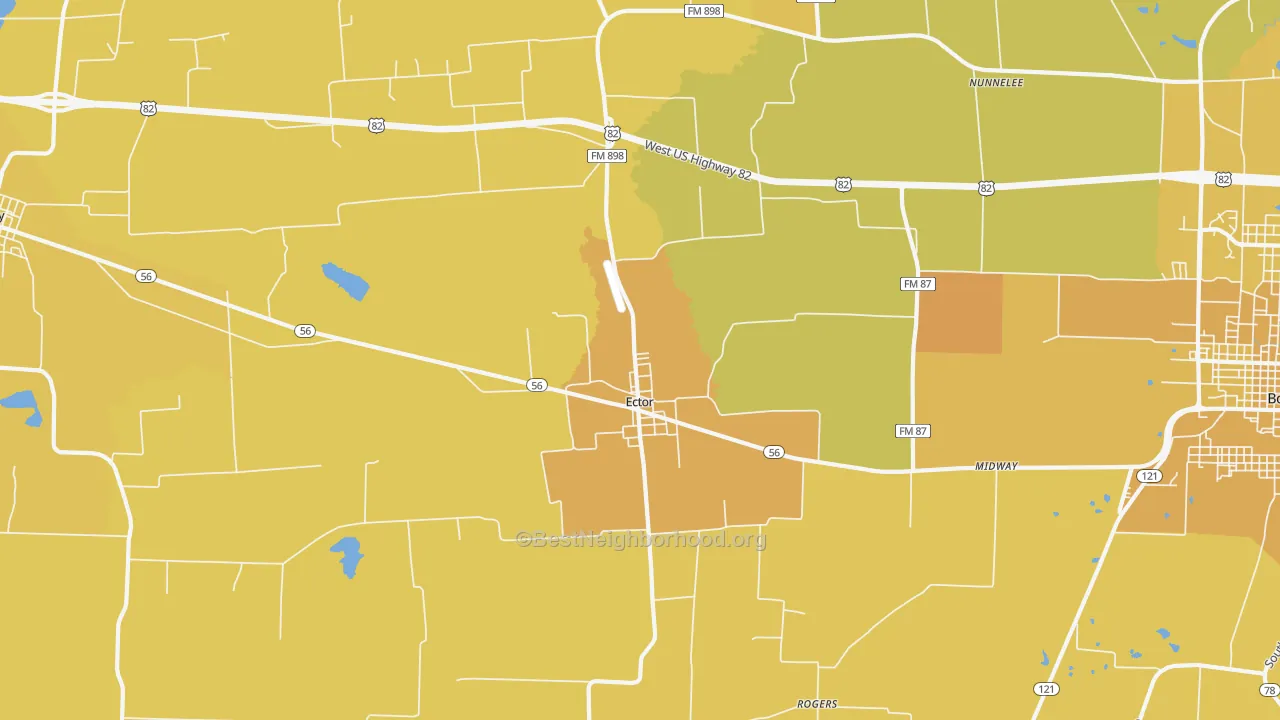 Map of the best neighborhoods in the Ector area, with better matches in green and worse matches in red
