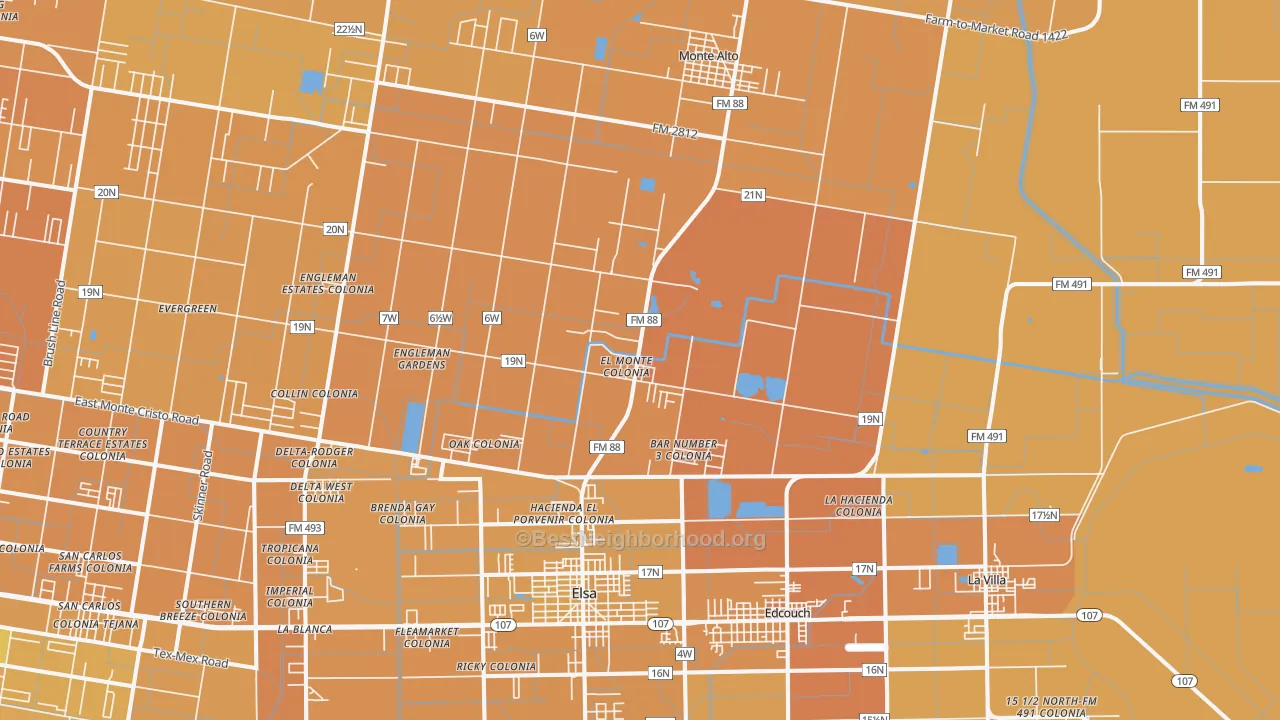 Map of the best neighborhoods in the Edcouch area, with better matches in green and worse matches in red