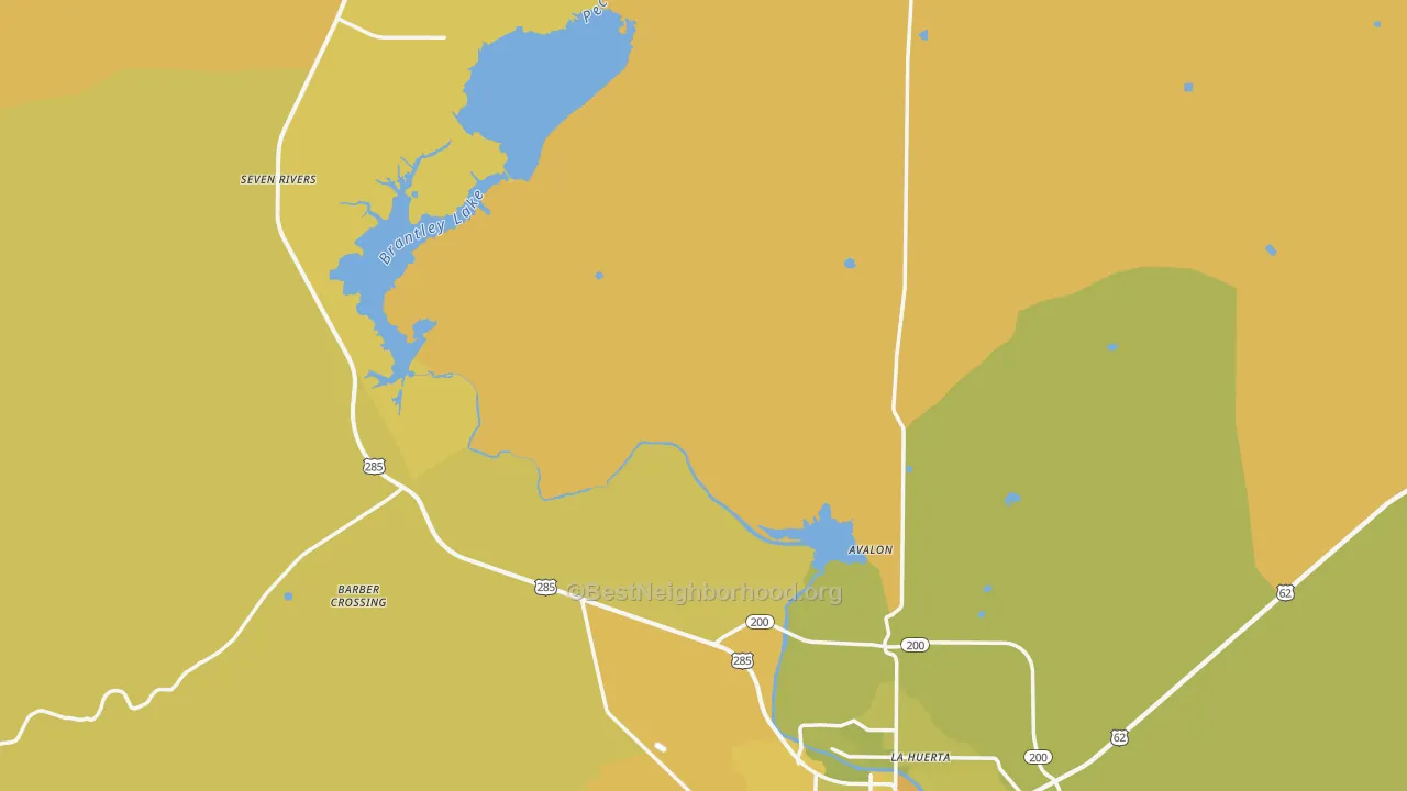 Map of the best neighborhoods in the Eddy County area, with better matches in green and worse matches in red