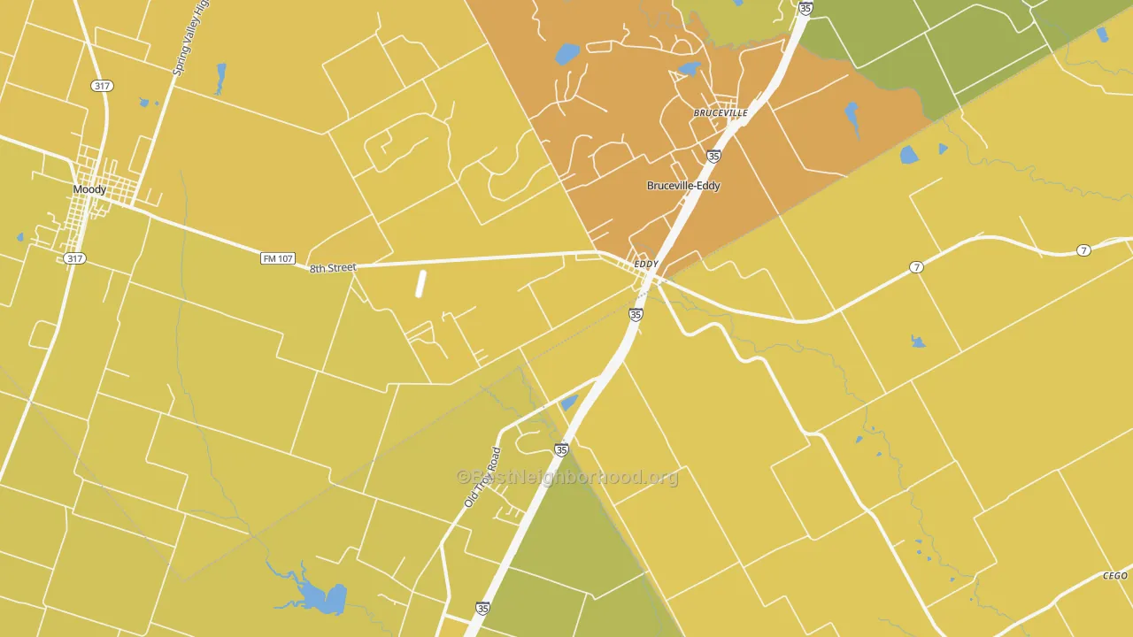Map of the best neighborhoods in the Eddy area, with better matches in green and worse matches in red