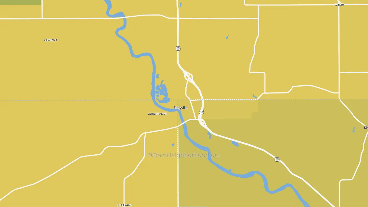 Map of the best neighborhoods in the Eddyville area, with better matches in green and worse matches in red