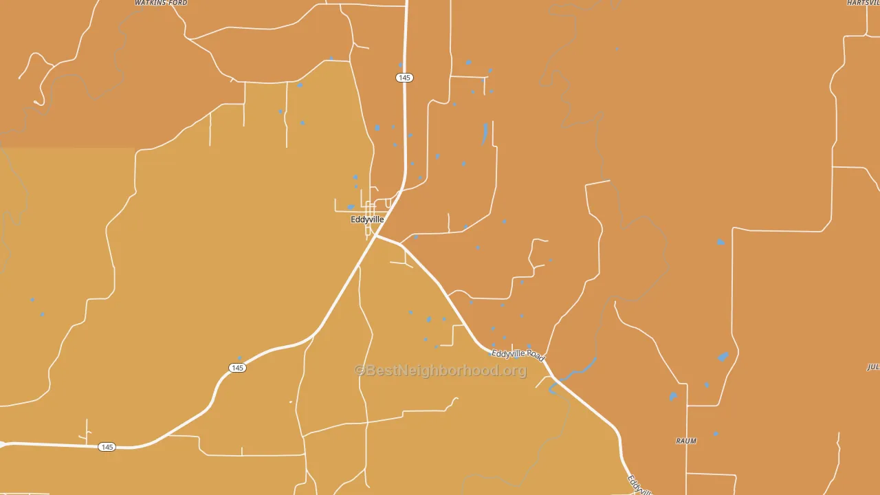 Map of the best neighborhoods in the Eddyville area, with better matches in green and worse matches in red