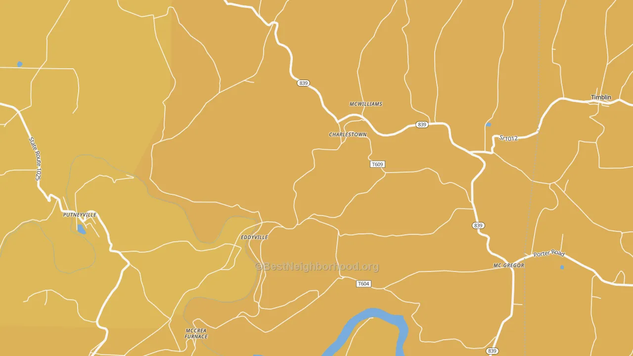 Map of the best neighborhoods in the Eddyville area, with better matches in green and worse matches in red
