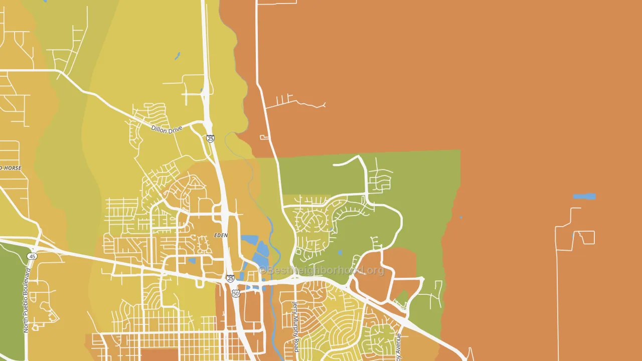 Map of the best neighborhoods in the Eden area, with better matches in green and worse matches in red