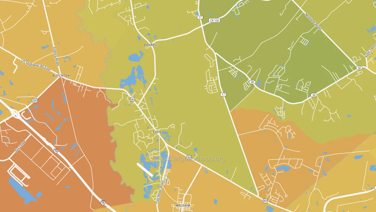 Map of the best neighborhoods in the Eden area, with better matches in green and worse matches in red