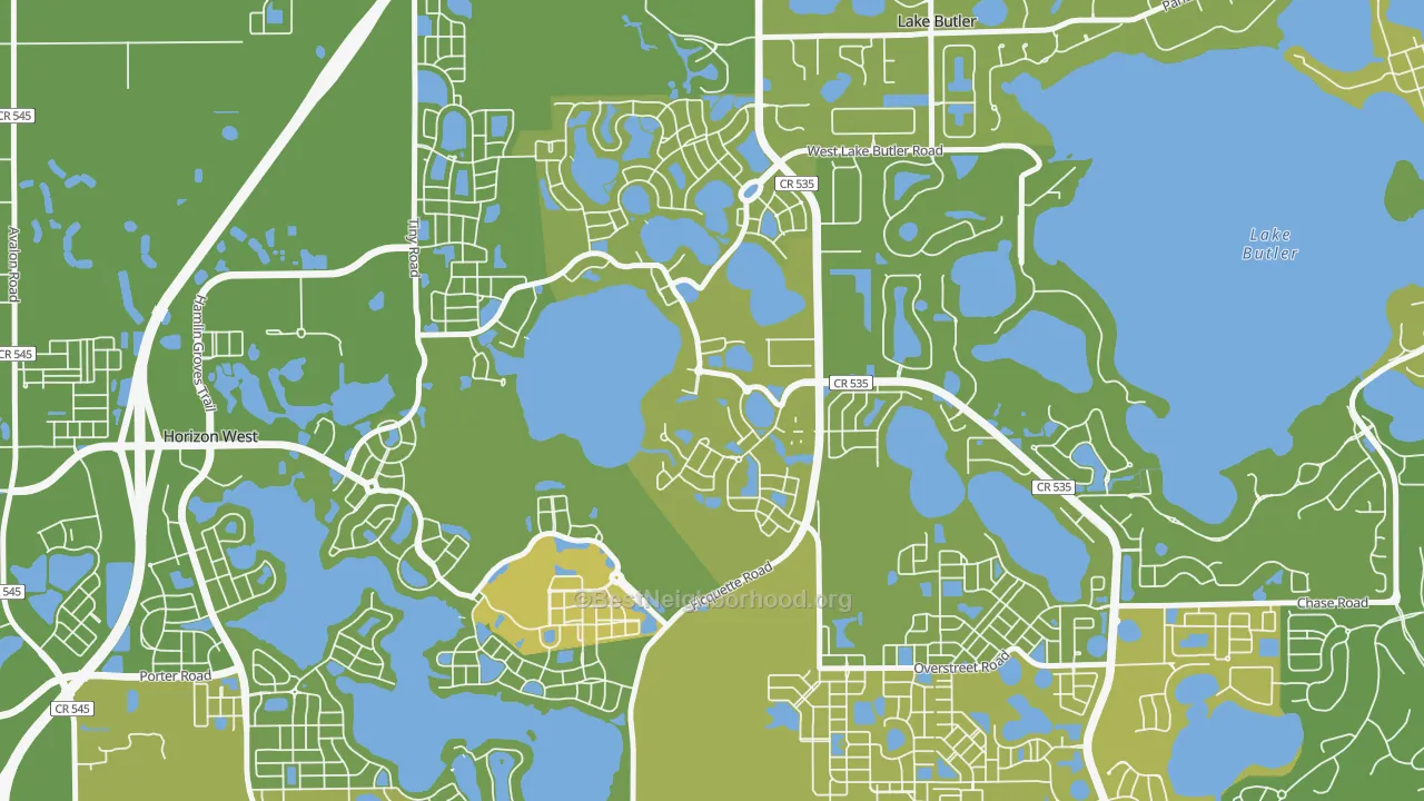 Map of the best neighborhoods in the Eden Isle, Horizon West area, with better matches in green and worse matches in red