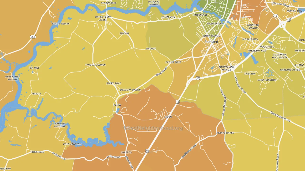 Map of the best neighborhoods in the Eden area, with better matches in green and worse matches in red