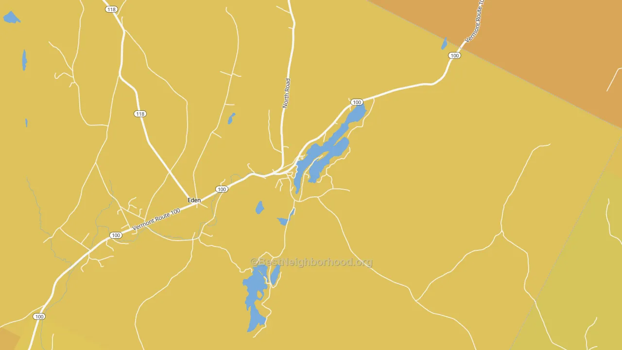 Map of the best neighborhoods in the Eden Mills area, with better matches in green and worse matches in red