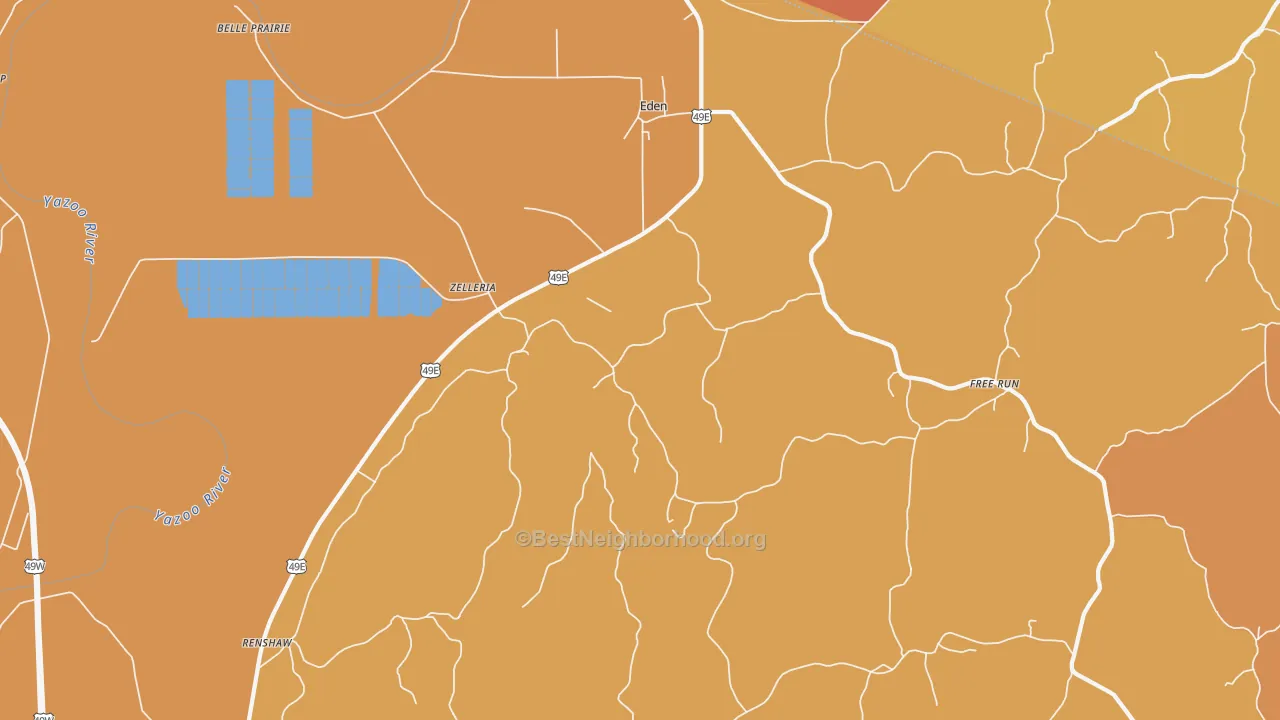 Map of the best neighborhoods in the Eden area, with better matches in green and worse matches in red