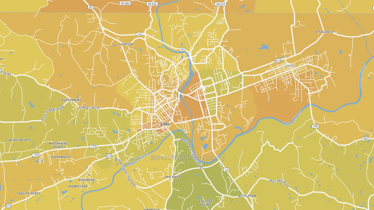 Map of the best neighborhoods in the Eden area, with better matches in green and worse matches in red