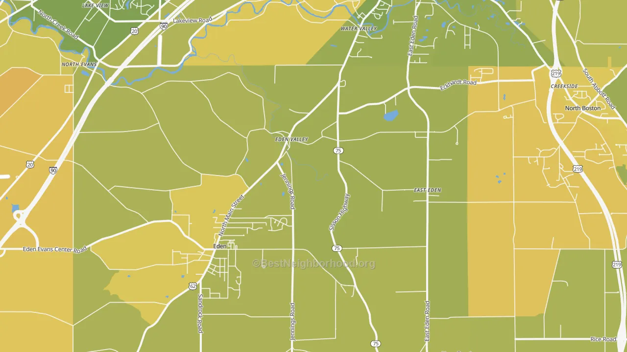 Map of the best neighborhoods in the Eden area, with better matches in green and worse matches in red