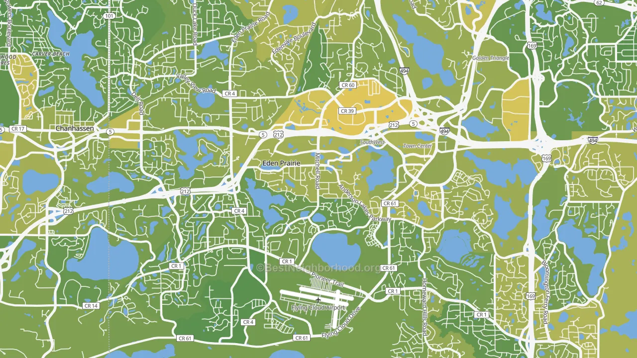 Map of the best neighborhoods in the Eden Prairie area, with better matches in green and worse matches in red