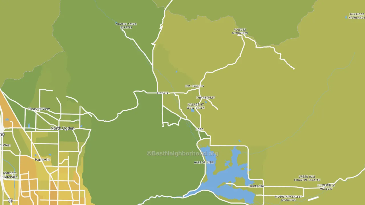 Map of the best neighborhoods in the Eden area, with better matches in green and worse matches in red