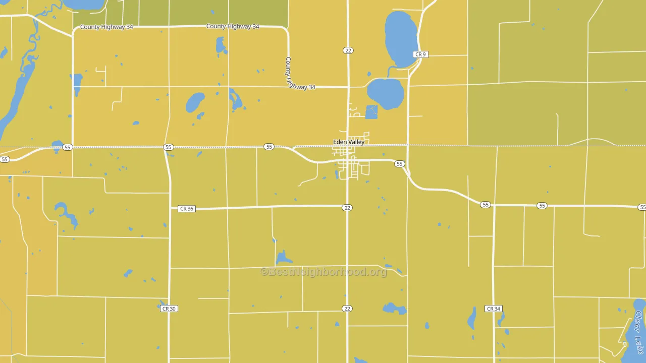 Map of the best neighborhoods in the Eden Valley area, with better matches in green and worse matches in red