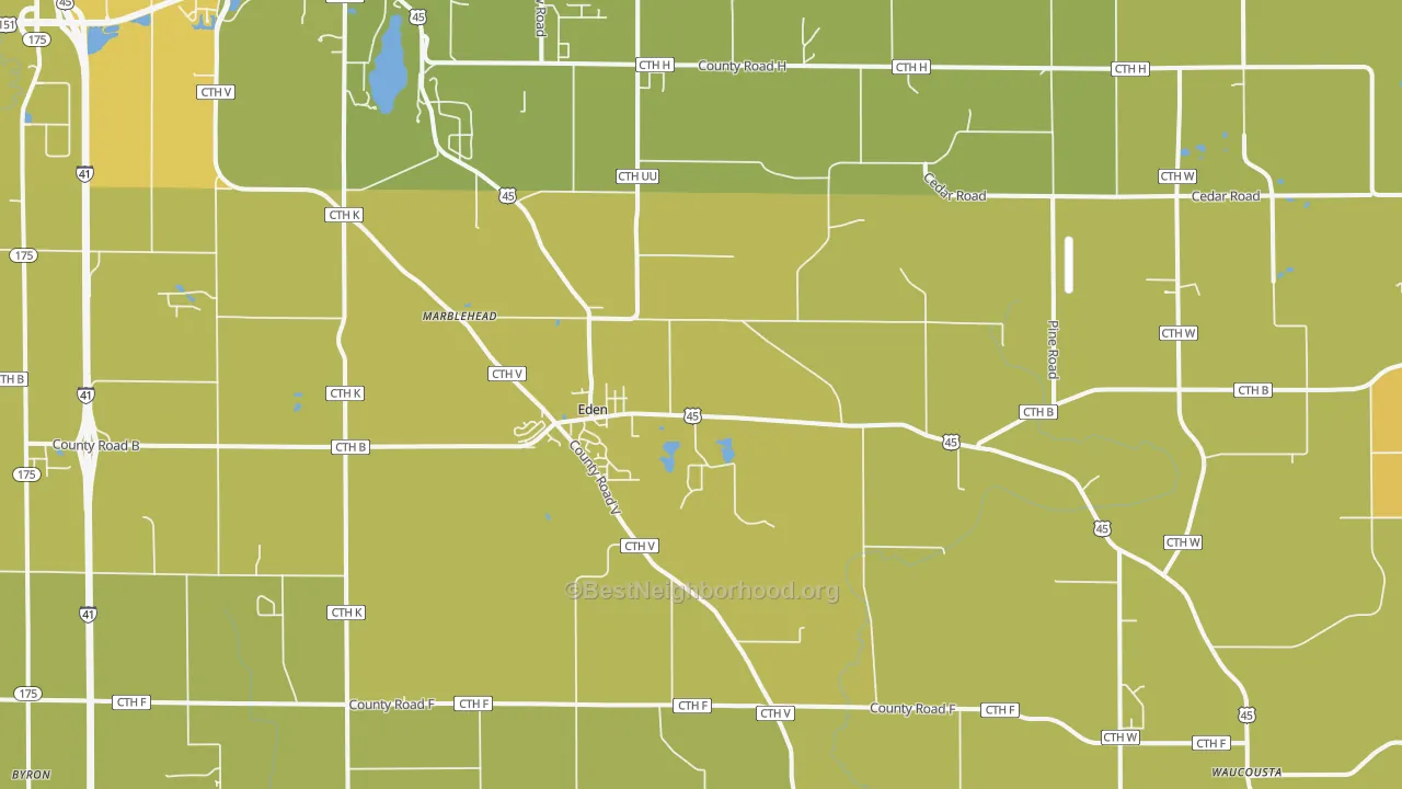 Map of the best neighborhoods in the Eden area, with better matches in green and worse matches in red