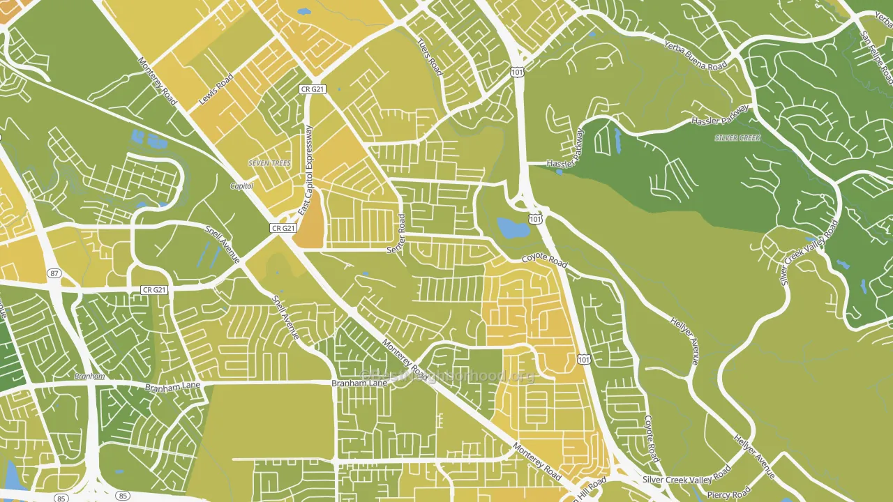 Map of the best neighborhoods in the Edenvale-Seven Trees, San Jose area, with better matches in green and worse matches in red