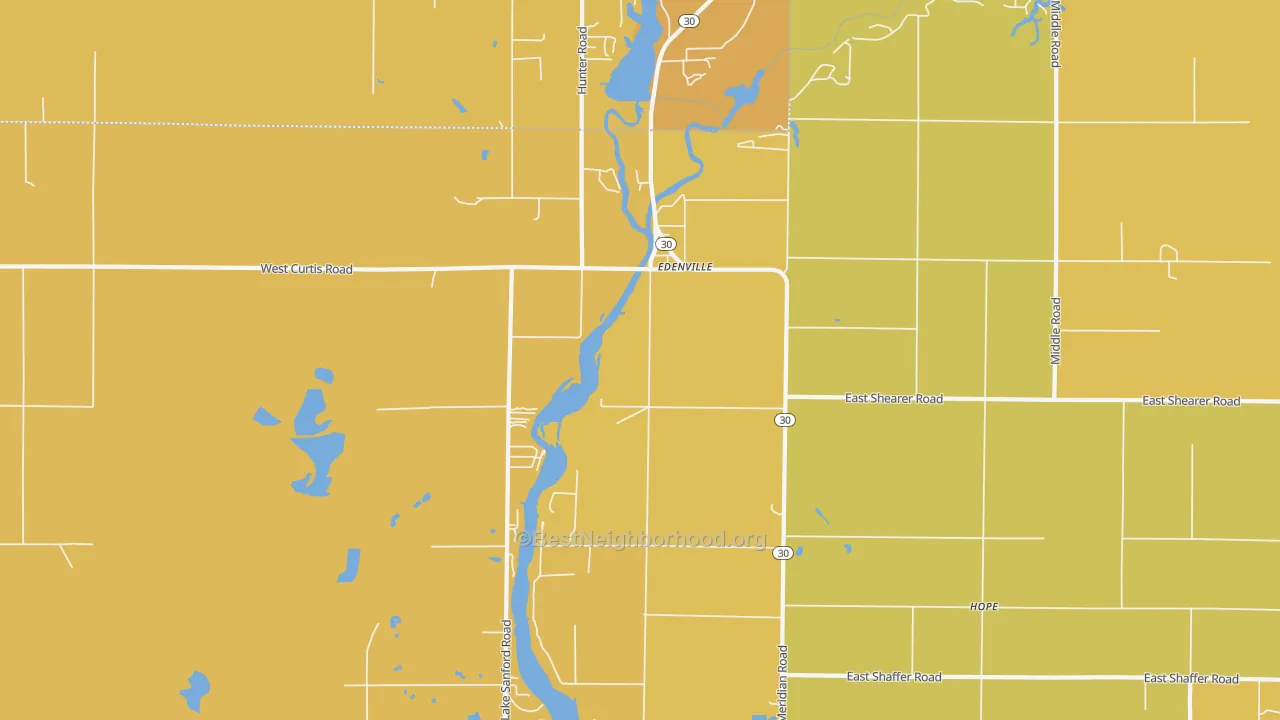Map of the best neighborhoods in the Edenville area, with better matches in green and worse matches in red