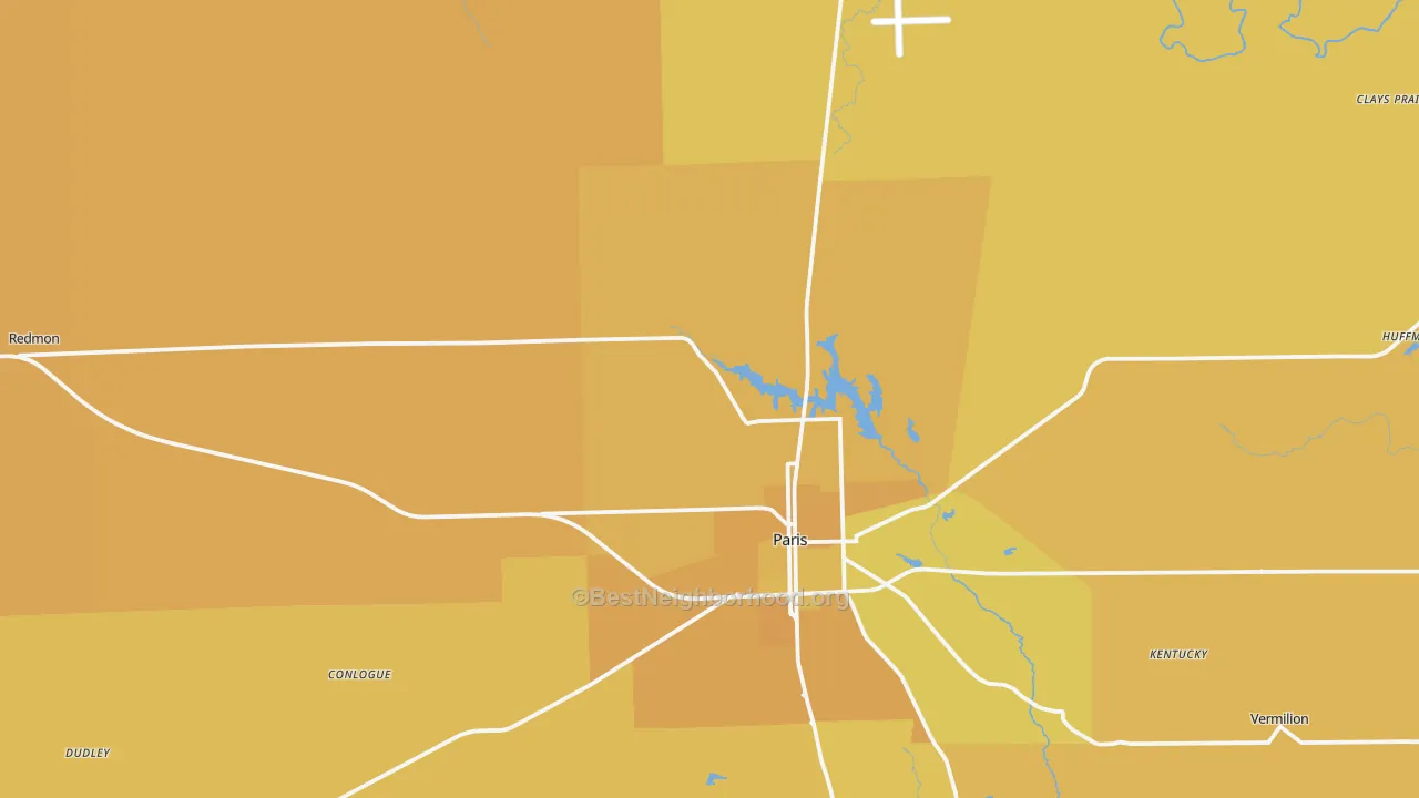 Map of the best neighborhoods in the Edgar County area, with better matches in green and worse matches in red