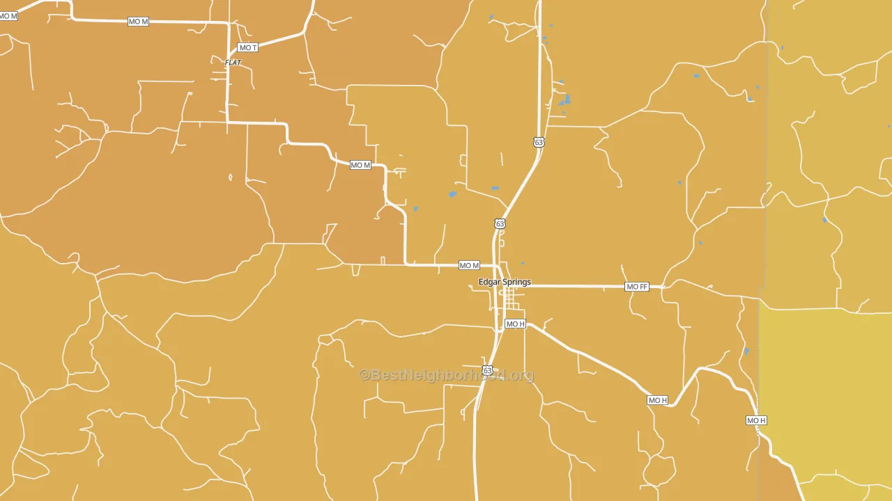 Map of the best neighborhoods in the Edgar Springs area, with better matches in green and worse matches in red