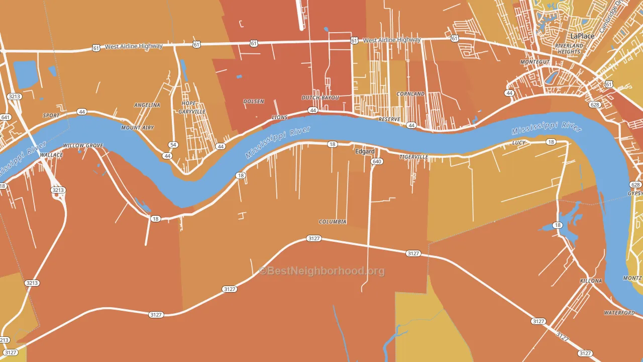 Map of the best neighborhoods in the Edgard area, with better matches in green and worse matches in red
