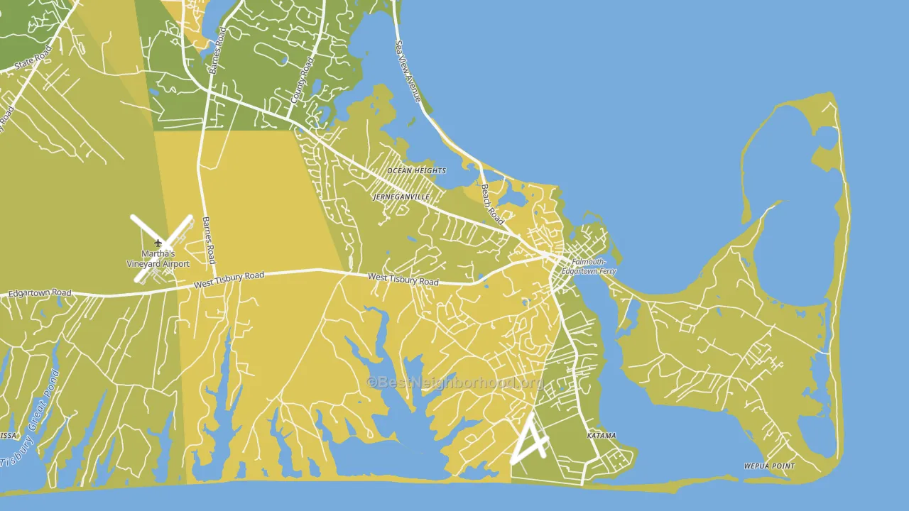 Map of the best neighborhoods in the Edgartown area, with better matches in green and worse matches in red